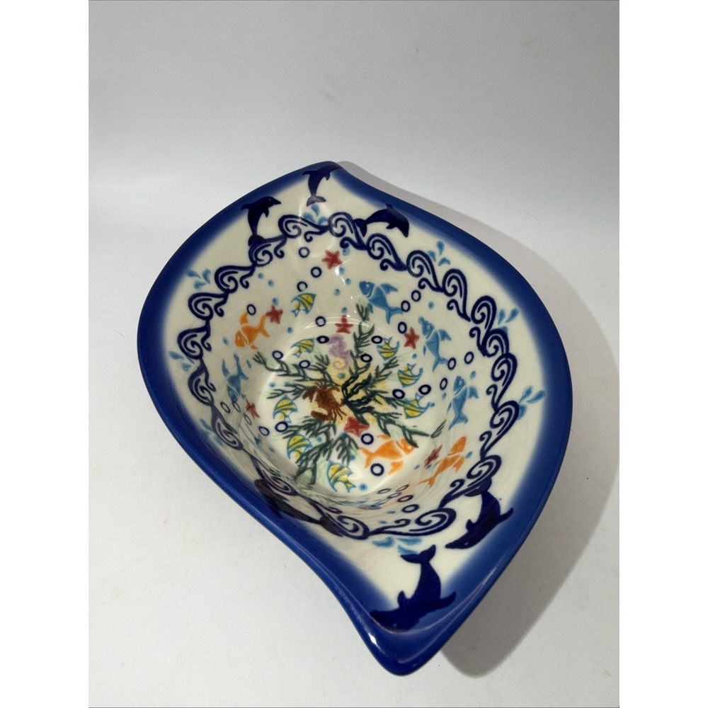 Boleslawiec Polish Pottery Bowl Marine Hand Made UNIKAT Green & Blue Poland